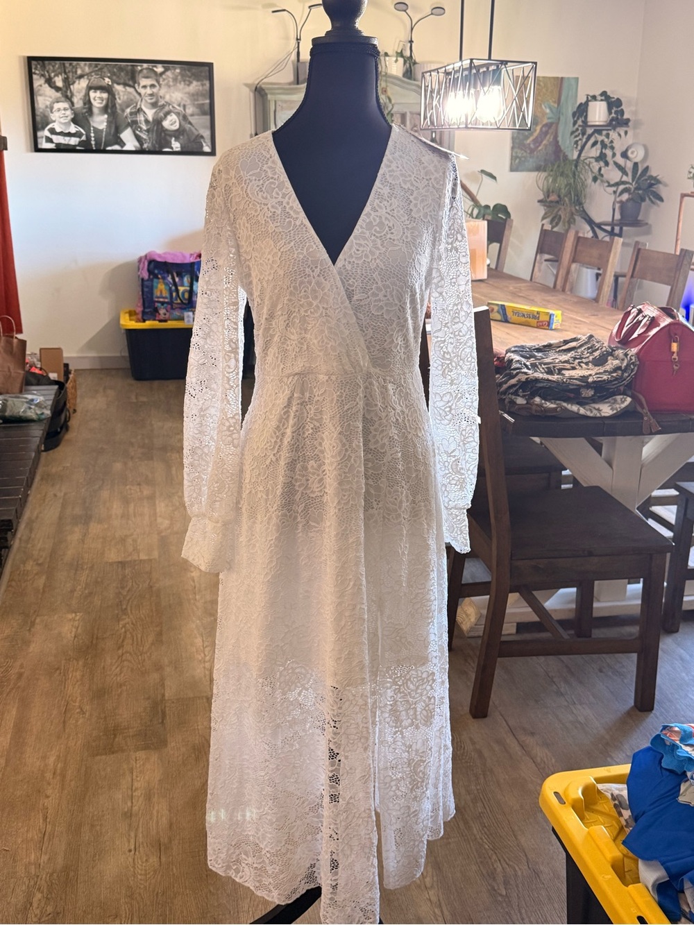 Lucky & Blessed White Lace Midi Dress with V-Neck